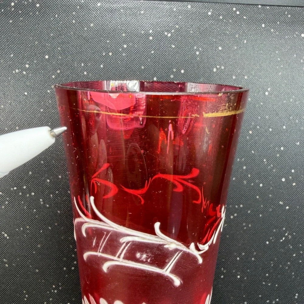 Satin Rubina Bohemian Cranberry Frosted Glass Enameled Daisy Vase 11.5 Inch